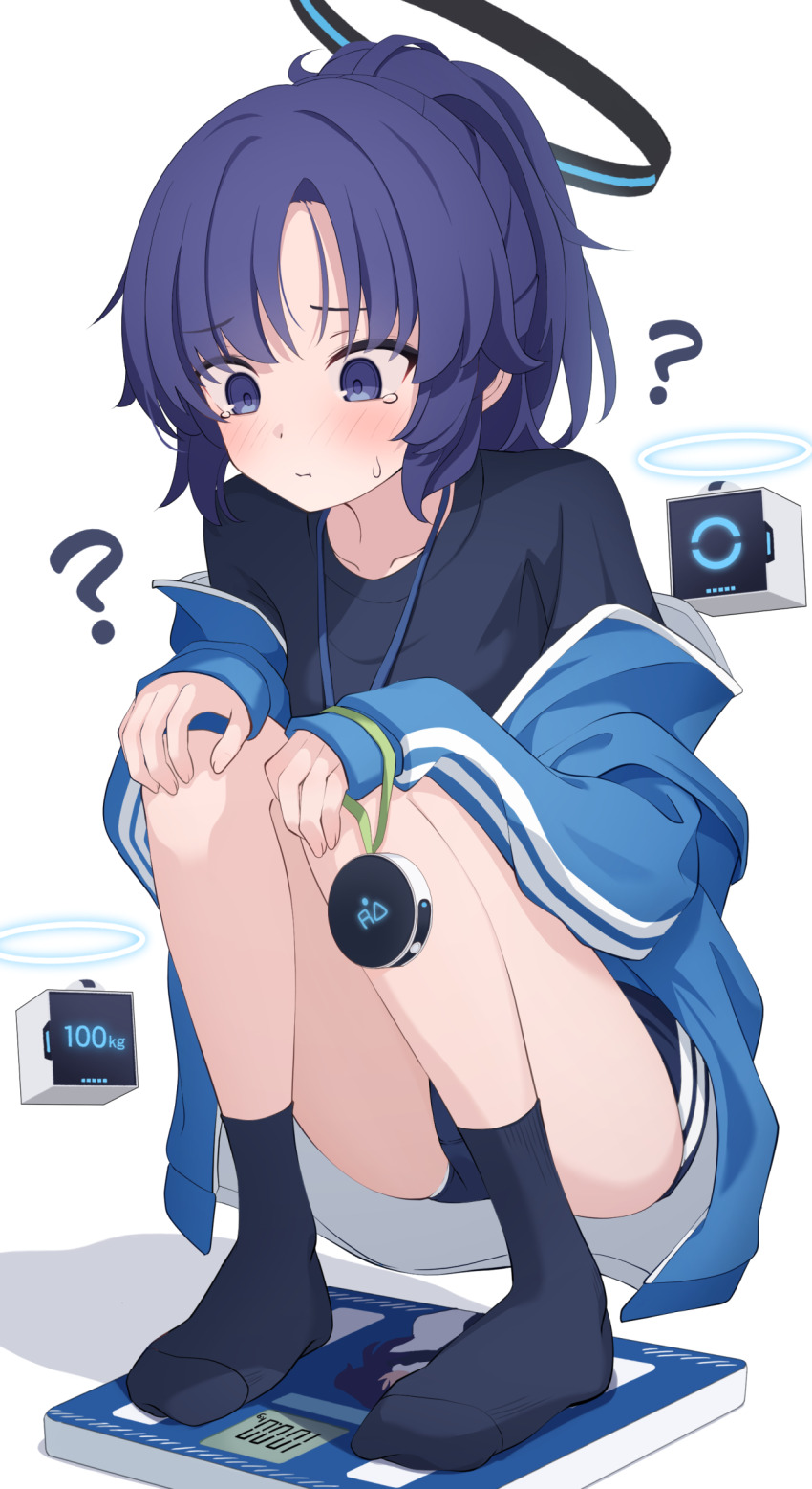 1girl ? absurdres black_halo black_shirt black_socks blue_archive blue_buruma blue_eyes blue_hair blue_jacket blush buruma closed_mouth commentary_request drone half_updo halo highres jacket long_hair long_sleeves looking_down mechanical_halo nervous nervous_sweating off_shoulder panties panty_peek shijima_(shijima_tc) shirt simple_background sleeves_past_wrists socks solo squatting stopwatch striped_buruma striped_clothes sweat sweatdrop tearing_up underwear watch weighing_scale white_background white_panties yuuka_(blue_archive) yuuka_(track)_(blue_archive)