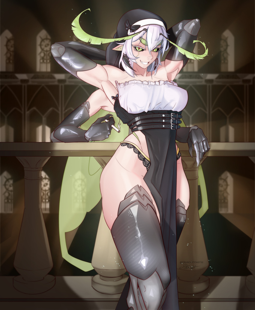 1girl absurdres ancient_greek_clothes antennae armpits arms_behind_head arthropod_girl belt belt_buckle breasts buckle chiton cigarette commentary crunchytoast33 english_commentary extra_arms greco-roman_clothes green_eyes grey_hair grin hair_between_eyes highres holding holding_cigarette indie_virtual_youtuber insect_girl juniper_actias looking_at_viewer medium_breasts monster_girl moth_girl no_panties nun railing slit_pupils smile solo teeth virtual_youtuber