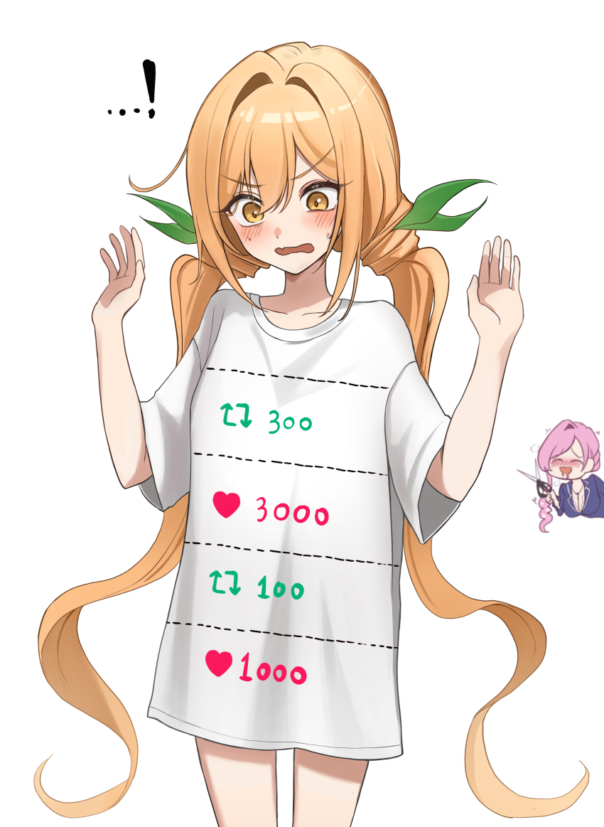 ...! absurdres bare_arms bare_legs blonde_hair blush chibi chibi_inset commentary cowboy_shot cut-here_line green_ribbon hair_between_eyes hair_intakes hair_ribbon hanazono_hahari hands_up hashtag-only_commentary highres inda_karane kimi_no_koto_ga_dai_dai_dai_dai_daisuki_na_100-nin_no_kanojo like_and_retweet long_hair low_twintails no_pants open_mouth oversized_clothes oversized_shirt ribbon scissors shirt simple_background solo_focus t-shirt ten_hwang2 twintails twitter_cutting_game very_long_hair white_background white_shirt yellow_eyes