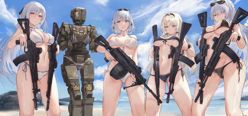 1other 4girls absurdres ak-12 ak-12_(girls&#039;_frontline) ak-15 ak-15_(girls&#039;_frontline) alternate_breast_size an-94 an-94_(girls&#039;_frontline) aqua_eyes artist_name assault_rifle bandeau bare_arms bare_legs bare_shoulders beach bikini black_bikini blonde_hair blue_eyes blush braid breasts breasts_squeezed_together choker closed_mouth clothed_robot cloud cloudy_sky collarbone covered_erect_nipples cyclops_(girls&#039;_frontline) daisy_(flower) dated defy_(girls&#039;_frontline) drum_magazine dual_wielding extended_barrel eyewear_on_head flower french_braid front-tie_bikini_top front-tie_top girls&#039;_frontline gluteal_fold grey_hair groin_tendon gun hair_flower hair_ornament hairband halterneck highres holding holding_gun holding_weapon humanoid_robot kalashnikov_rifle large_breasts light_machine_gun linea_alba long_hair looking_at_viewer looking_down machine_gun machinery magazine_(weapon) marigold multiple_girls navel odd_one_out outdoors parted_lips purple_eyes rifle robot rpk rpk-16 rpk-16_(girls&#039;_frontline) sawkm short_hair side-tie_bikini_bottom skindentation sky smile standing string_bikini striped_bikini striped_clothes sunglasses swimsuit tally weapon wet white_bikini