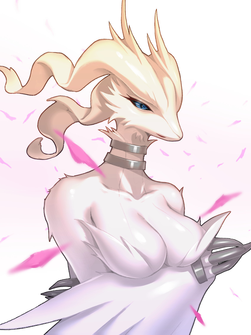 1girl aliasing animal_hands awkwa black_sclera blue_eyes body_fur breasts claws cleavage collarbone colored_sclera crossed_arms female_focus furry furry_female gen_5_pokemon happy highres jewelry large_breasts legendary_pokemon long_hair looking_afar mature_female neck_ring nintendo open_mouth personification pink_background pokemon pokemon_(creature) reshiram shiny_skin sideways_mouth smile snout solo standing upper_body white_fur white_hair white_wings winged_arms wings