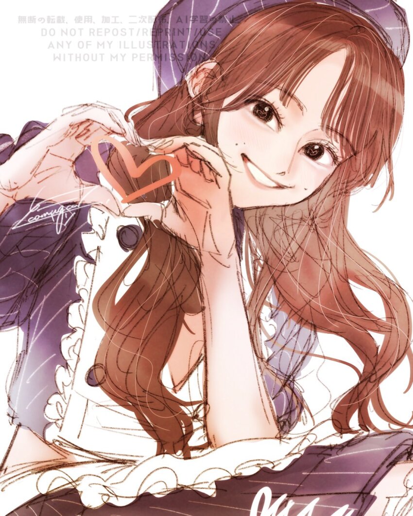 1girl actor apron artist_name beret black_eyes blue_hat blue_skirt brown_hair commentary crop_top frilled_apron frilled_shirt frilled_skirt frills grin hands_up hat heart heart_hands heart_in_eye highres komuzuka light_blush long_hair looking_at_viewer low_twintails midriff mole mole_above_mouth nakamura_yukari_(voice_actor) parted_lips real_life shirt short_sleeves signature sketch skirt smile solo striped_clothes striped_hat striped_skirt symbol-only_commentary symbol_in_eye twintails two-tone_shirt upper_body vertical-striped_clothes vertical-striped_skirt waist_apron watermark white_apron white_shirt