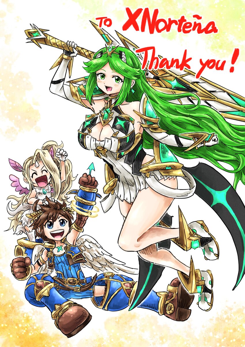 1boy 2girls absurdres aegis_sword_(xenoblade) angel angel_wings azurda_(xenoblade) azurda_(xenoblade)_(cosplay) blonde_hair breasts brown_hair cleavage_cutout clenched_hands closed_eyes clothing_cutout commission commissioner_name cosplay fake_horns green_eyes green_hair highres holding holding_sword holding_weapon horns kicdon kid_icarus kid_icarus_uprising laurel_crown long_hair looking_at_viewer multiple_girls mythra_(xenoblade) mythra_(xenoblade)_(cosplay) nintendo open_mouth palutena pit_(kid_icarus) rex_(xenoblade) rex_(xenoblade)_(cosplay) second-party_source skeb_commission super_smash_bros. sword thank_you very_long_hair viridi weapon wings xenoblade_chronicles_(series) xenoblade_chronicles_2