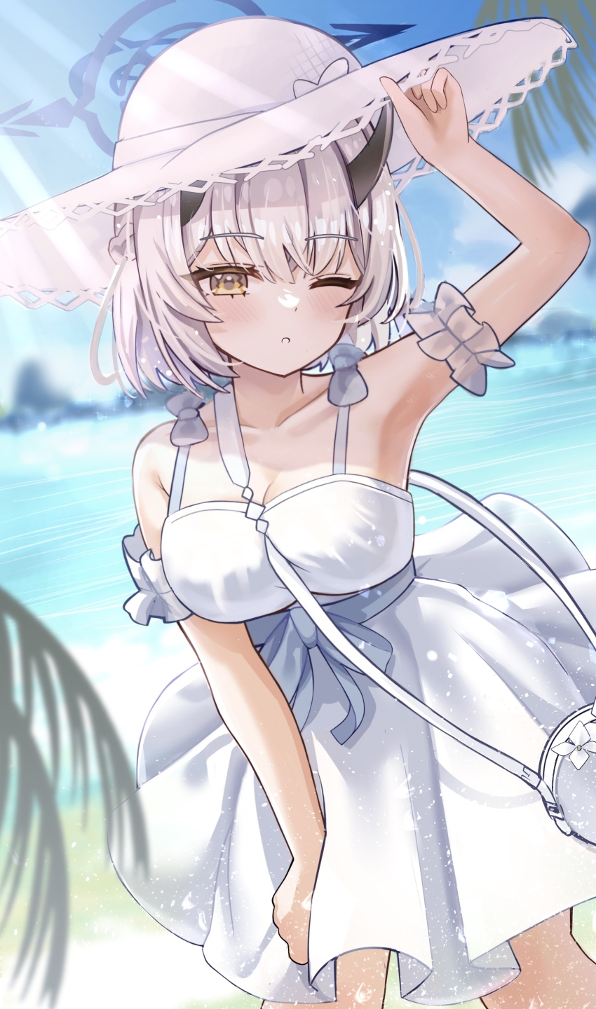 1girl absurdres aoraine armband armpits bag between_breasts blue_archive blue_sash blurry blurry_background breasts cleavage collarbone commentary demon_horns dress english_commentary frilled_armband frills grey_hair grey_halo halo hand_on_headwear handbag hat highres horns light_blush medium_breasts ocean official_alternate_costume one_eye_closed parted_lips sash sena_(blue_archive) sena_(casual)_(blue_archive) short_hair skirt skirt_tug solo sun_hat sundress white_dress white_hat yellow_eyes