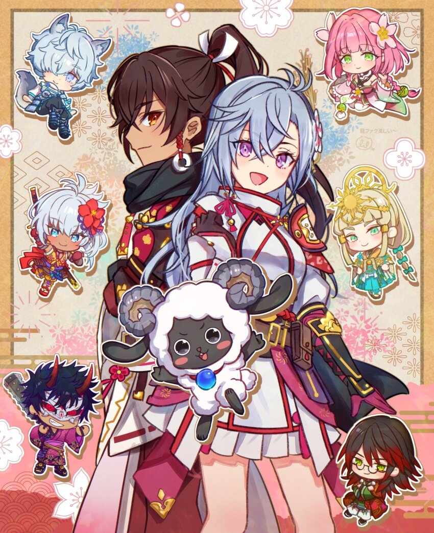 4boys 4girls animal_ears armor black_gloves black_hair blonde_hair blue_eyes blue_hair commentary_request dark-skinned_female dark-skinned_male dark_skin dog_boy dog_ears dog_tail flower fubuki_(rune_factory) glasses gloves green_eyes grin hair_between_eyes hair_flower hair_ornament hair_ribbon highres horns japanese_armor japanese_clothes kaguya_(rune_factory) kai_(rune_factory) kanata_(rune_factory) koori_(superumaice) kurama_(rune_factory) long_hair mask matsuri_(rune_factory) mini_person miniboy minigirl multicolored_hair multiple_boys multiple_girls open_mouth pink_flower pink_hair ponytail purple_eyes red_flower red_hair ribbon rune_factory rune_factory:_guardians_of_azuma smile subaru_(rune_factory) tail ulalaka weapon woolby