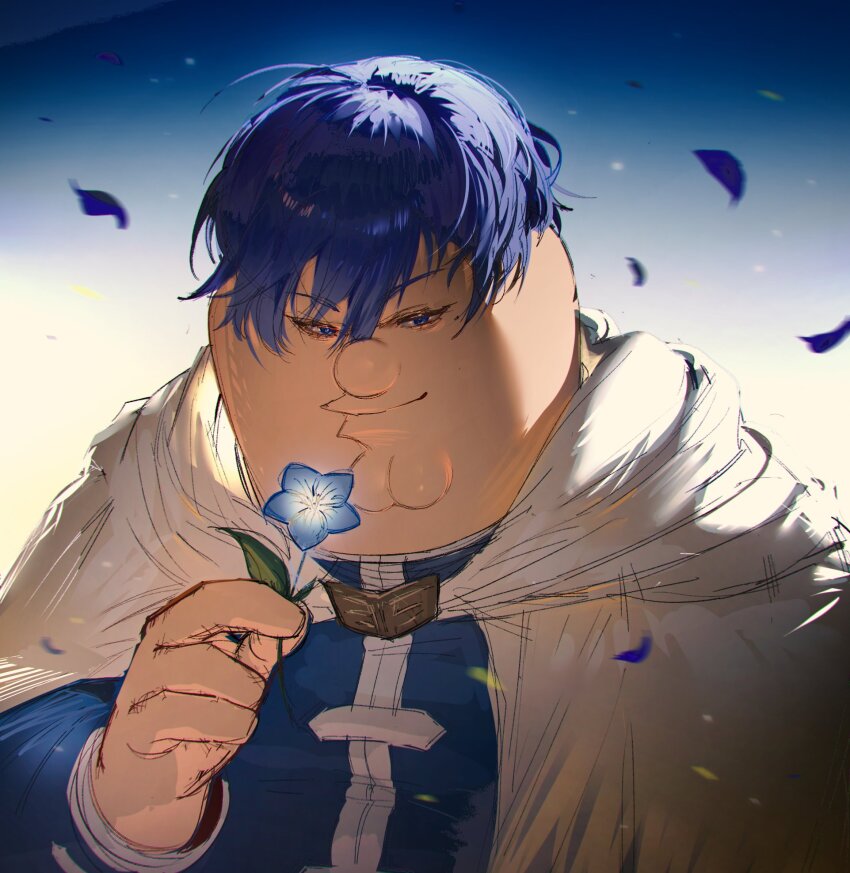 1boy blue_eyes blue_flower blue_hair blue_jacket cleft_chin cloak commentary cosplay english_commentary falling_petals family_guy fat fat_man flower highres himmel_(sousou_no_frieren) himmel_(sousou_no_frieren)_(cosplay) jacket kowai_(iamkowai) male_focus petals peter_griffin short_hair solo white_cloak