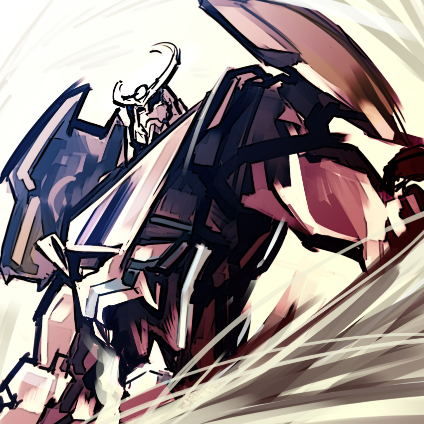 00s armor fangs from_below gurren-lagann highres looking_at_viewer looking_down mecha no_humans robot shoulder_pads simonori tengen_toppa_gurren_lagann upper_body yellow_background
