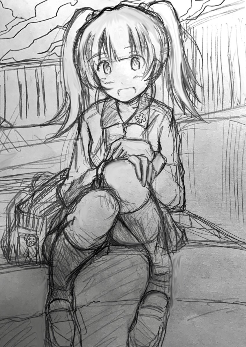 1girl black_hat black_jacket black_skirt blue_eyes brown_hair garrison_cap girls_und_panzer girls_und_panzer_phase_erika graphite_(medium) grey_shirt hair_tie hat highres jacket kuromorimine_military_uniform kuromorimine_school_uniform long_hair meiya miniskirt orange_hair red_skirt rou_leila school_uniform shirt skirt traditional_media twintails