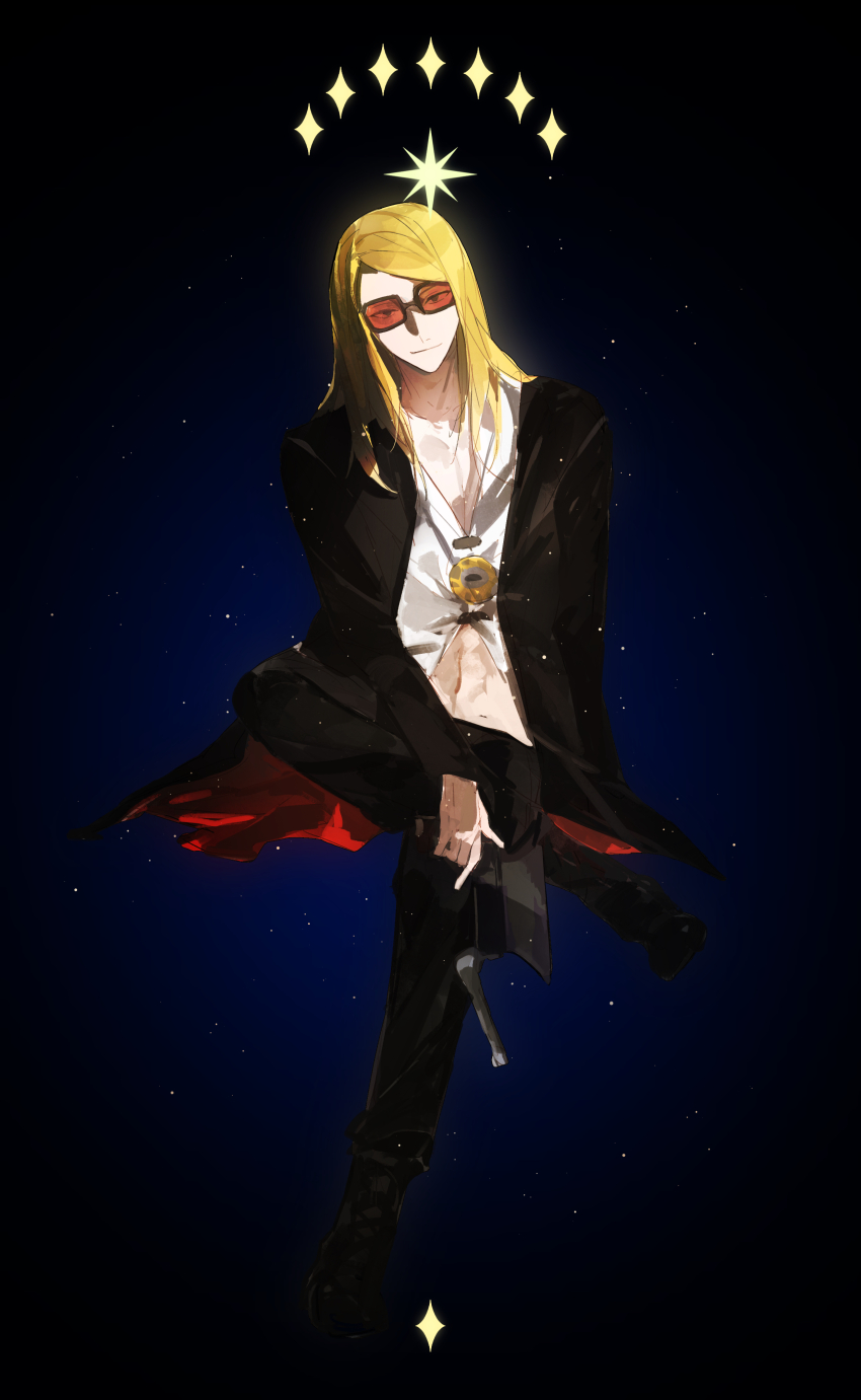 1boy abs absurdres black_nails black_pants black_shoes blonde_hair blue_eyes coat diamond_(shape) fate/grand_order fate_(series) flapper_shirt fui_(fui29493452) gun handgun highres holding holding_gun holding_weapon light_particles light_smile long_hair long_sleeves male_focus medallion original pants pectorals shadow shirt shoes solo star_(symbol) star_symbol_background sunglasses tezcatlipoca_(fate) tezcatlipoca_(first_ascension)_(fate) trench_coat underlighting weapon