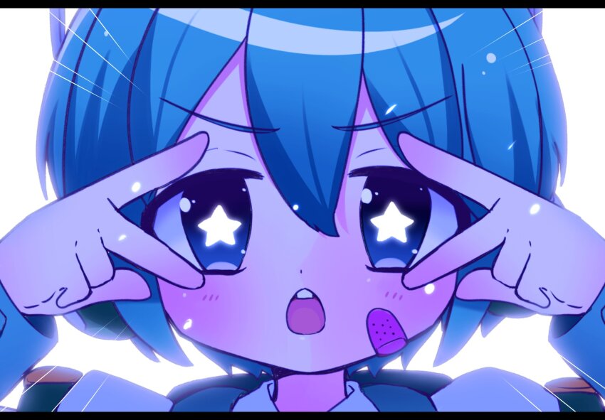 1boy bandaid bandaid_on_cheek bandaid_on_face black_border border buck_teeth close-up double_inward_v glowing_pupils headphones highres letterboxed m@gical_cure!_love_shot!_(vocaloid) male_focus meme miku_miku_beaaaam!!_(meme) motion_lines necktie open_mouth ryuuto_(vocaloid) short_hair short_sleeves simple_background solo sparkle star-shaped_pupils star_(symbol) striped_necktie symbol-shaped_pupils teeth togase_ameko v v_over_eye vest vocaloid white_background