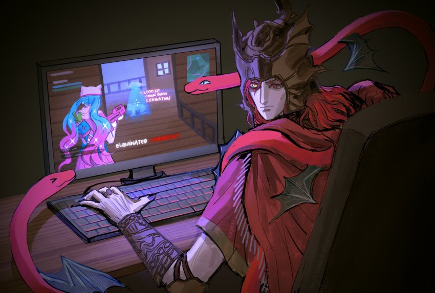 &gt;_&lt; 1boy 1girl animal_hat bat_wings black_nails blue_hair cat_hat chair closed_mouth colored_eyelashes commentary computer_keyboard contemporary elden_ring elden_ring:_shadow_of_the_erdtree english_commentary fortnite from_behind gun hat hatsune_miku helmet highres holding holding_gun holding_weapon long_hair looking_at_viewer looking_back medium_hair messmer_the_impaler monitor multicolored_hair neko_hatsune_miku office_chair official_alternate_costume one-eyed one_eye_closed pale_skin pink_hair playing_games rashuu red_hair red_shawl red_snake shawl single_vambrace sitting slit_pupils snake snake_on_shoulder swivel_chair twintails two-tone_hair vambraces video_game weapon winged_helmet wings wooden_desk yellow_eyes
