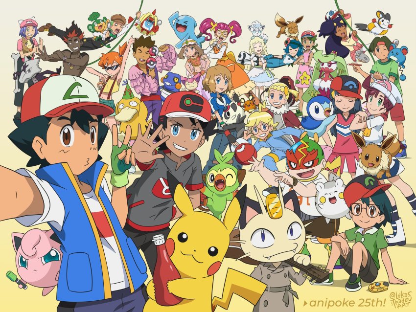 6+boys 6+girls absolutely_everyone alolan_form alolan_marowak alolan_vulpix angry ash_ketchum ash_ketchum_(cosplay) backwards_hat bewear bewear_(cosplay) bonnie_(pokemon) brock_(pokemon) character_doll chloe_(pokemon) cilan_(pokemon) clemont_(pokemon) closed_eyes closed_mouth clothed_pokemon cosplay croagunk dark-skinned_female dark_skin dawn_(pokemon) dedenne eevee emolga everyone gen_1_pokemon gen_2_pokemon gen_3_pokemon gen_4_pokemon gen_5_pokemon gen_6_pokemon gen_7_pokemon gen_8_pokemon goh_(pokemon) grookey hair_ornament hair_ribbon happy hat highres holding holding_unworn_clothes holding_unworn_hat iris_(pokemon) james_(pokemon) jessie_(pokemon) jigglypuff ketchup ketchup_bottle kiawe_(pokemon) lana_(pokemon) lillie_(pokemon) looking_at_viewer lukas_thadeu mallow_(pokemon) marill max_(pokemon) may_(pokemon) meowth misty_(pokemon) morpeko morpeko_(full) multiple_boys multiple_girls nintendo one_eye_closed open_mouth pancham pansage pen pikachu piplup poke_ball pokemon pokemon_(anime) pokemon_(classic_anime) pokemon_(creature) pokemon_bw_(anime) pokemon_dppt_(anime) pokemon_journeys pokemon_rse_(anime) pokemon_sm_(anime) pokemon_xy_(anime) psyduck ribbon rotom rotom_dex round_eyewear serena_(pokemon) skitty smile sophocles_(pokemon) sunglasses togedemaru tracey_sketchit tsareena tyrantrum tyrantrum_(cosplay) unworn_hat unworn_headwear wobbuffet yellow_background