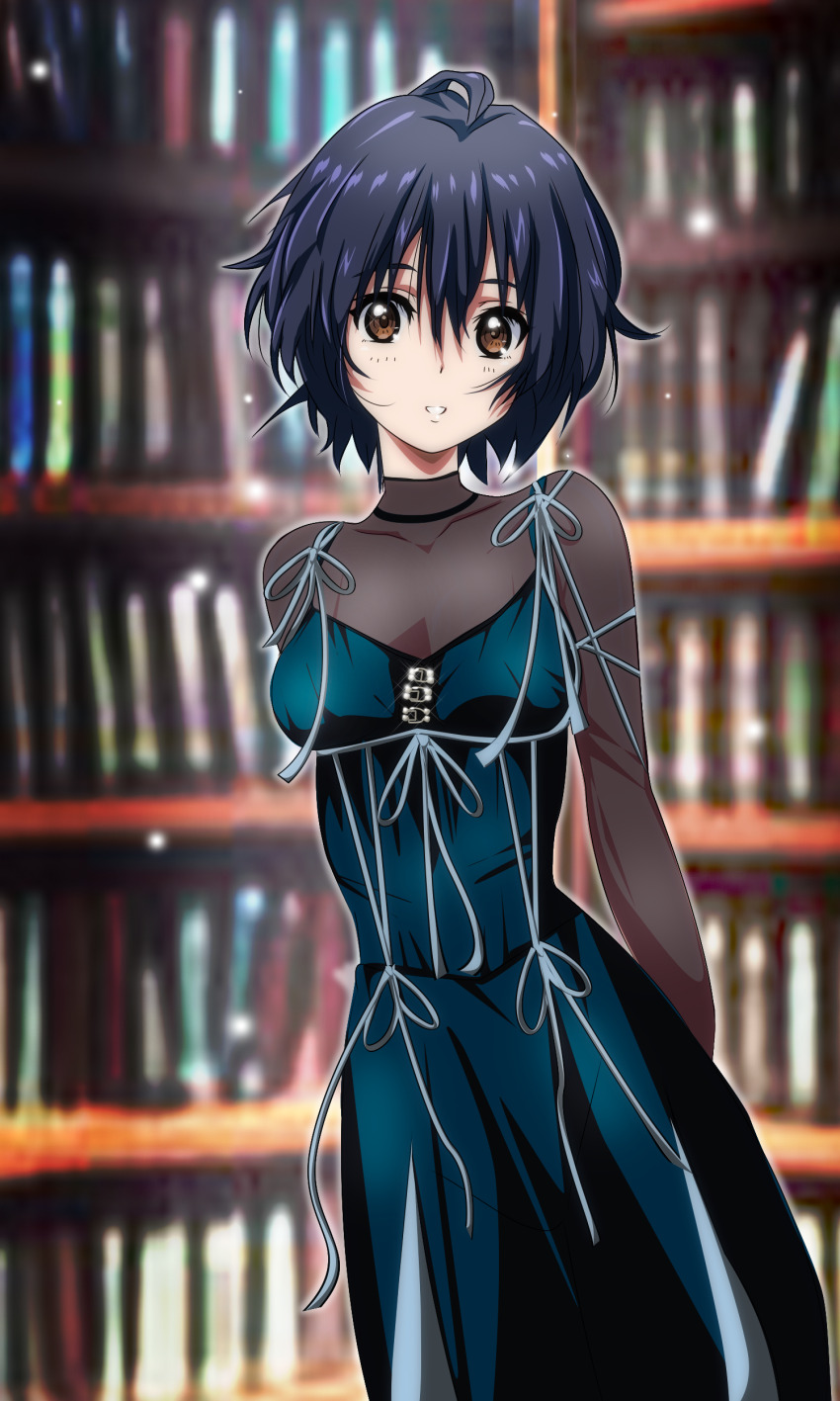 1girl 22/7 absurdres arm_behind_back ato_de_wakaru_koto blue_hair blurry bookshelf brown_eyes depth_of_field dress feet_out_of_frame gentoku green_dress highres light_particles parted_lips see-through_clothes see-through_sleeves short_hair solo standing takigawa_miu wavy_hair