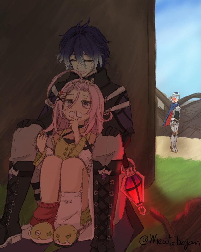 1boy 2girls absurdres ahoge aino_(genshin_impact) antenna_hair asymmetrical_legwear bangs_pinned_back black_coat black_gloves blue_cape blue_hair boots breasts cape clenched_teeth closed_eyes coat collared_coat crossed_bangs dress finger_to_mouth flins_(genshin_impact) genshin_impact gloves glowing_lantern gradient_hair hair_between_eyes hair_ornament hairclip hat hiding high_collar highres index_finger_raised ineffa_(genshin_impact) lantern long_hair long_sleeves meatabogan mechanical_arms mismatched_legwear multicolored_hair multiple_girls open_mouth pink_hair robot robot_ears screw_hair_ornament short_hair shushing sidelocks smile sweatdrop teeth uneven_legwear