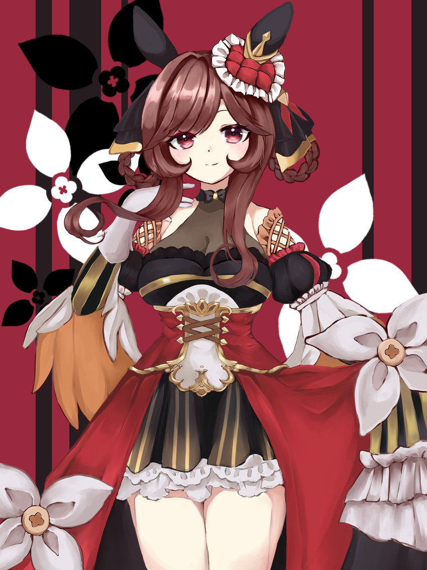 1girl animal_ears bare_shoulders black_dress black_ribbon braid braided_hair_rings breasts brown_hair closed_mouth clothing_cutout commentary_request corset dress ear_ornament flower gentildonna_(umamusume) gloves hair_ribbon hair_rings hand_up highres horse_ears horse_girl long_hair long_sleeves medium_breasts mensoreimuremu pink_flower red_corset red_skirt ribbon shoulder_cutout showgirl_skirt sidelocks skirt smile solo swept_bangs thighs twin_braids umamusume variant_set white_gloves