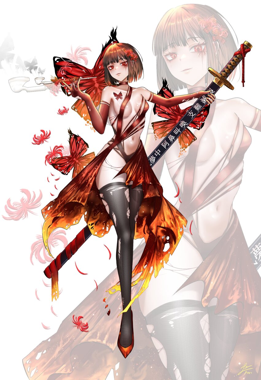 1girl absurdres bare_shoulders black_thighhighs blood blood_on_face breasts brown_hair bug butterfly butterfly_hair_ornament butterfly_tattoo chest_tattoo closed_mouth collarbone commentary_request dress elbow_gloves flower full_body furidrawing gloves gradient_hair hair_ornament high_heels highres holding holding_sheath holding_smoking_pipe holding_sword holding_weapon insect katana korean_commentary limbus_company looking_at_viewer mixed-language_commentary multicolored_hair navel parted_lips project_moon red_dress red_eyes red_gloves red_hair ryoshu_(project_moon) sheath sheathed simple_background small_breasts smile smoking_pipe solo spider_lily standing sword tattoo thighhighs torn_clothes torn_gloves torn_thighhighs translation_request two-tone_hair weapon white_background