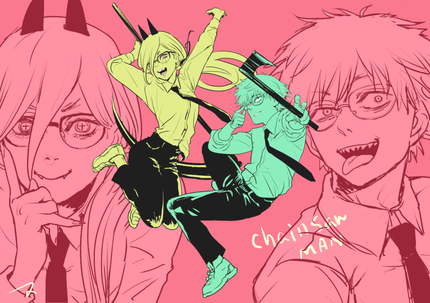 1boy 1girl axe black_necktie black_pants chainsaw_man collared_shirt commentary copyright_name cross-shaped_pupils denji_(chainsaw_man) glasses holding holding_axe holding_scythe horns long_hair matahei necktie pants pink_background power_(chainsaw_man) scythe sharp_teeth shirt signature symbol-shaped_pupils teeth tongue tongue_out