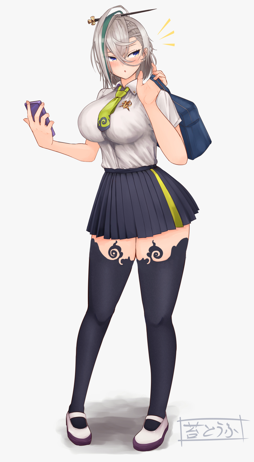 1girl absurdres bag black_skirt black_thighhighs blue_eyes blush breasts cellphone collared_shirt contemporary fate/grand_order fate_(series) full_body green_hair hair_between_eyes hair_ornament hairpin highres huyan_zhuo_(fate) huyan_zhuo_(heartbeat_iron_clubs)_(fate) large_breasts looking_to_the_side medium_hair miniskirt mujw4524 multicolored_hair necktie open_mouth phone pleated_skirt school_bag shirt short_sleeves skirt solo streaked_hair thighhighs white_footwear white_hair white_shirt