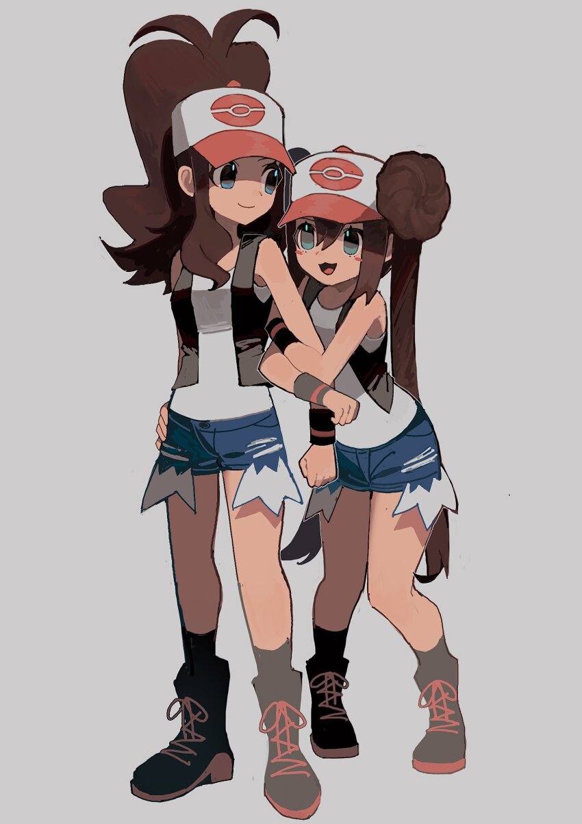 2girls 950magi618 arm_hug black_shoes black_vest blue_shorts brown_hair closed_mouth cosplay double_bun full_body hair_bun hat high_ponytail highres hilda_(pokemon) hilda_(pokemon)_(cosplay) long_hair looking_at_another multiple_girls nintendo open_clothes open_mouth open_vest pokemon pokemon_bw pokemon_bw2 ponytail rosa_(pokemon) shirt shoes short_shorts shorts sleeveless sleeveless_shirt smile twintails vest white_hat white_shirt wristband