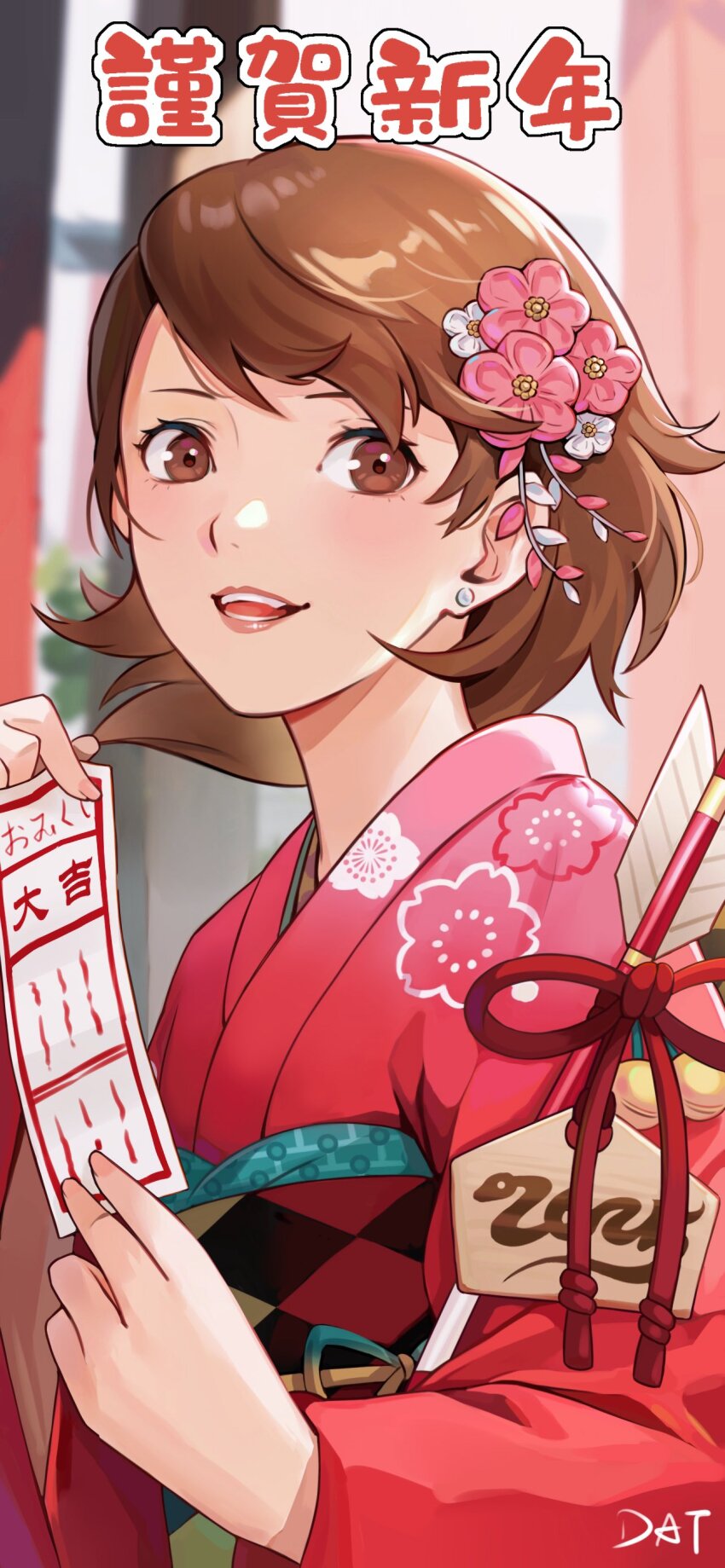 1girl 2025 absurdres arrow_(projectile) blurry blurry_background brown_eyes brown_hair character_name commentary_request da-cart ear_piercing earrings flipped_hair floral_print floral_print_kimono flower hair_flower hair_ornament happy_new_year highres holding holding_omikuji holding_paper japanese_clothes jewelry kimono light_blush long_sleeves looking_at_viewer new_year obi official_alternate_costume omikuji open_mouth outdoors paper persona persona_3 persona_3_reload piercing pink_lips print_kimono red_kimono sash short_hair smile solo stud_earrings takeba_yukari teeth upper_body
