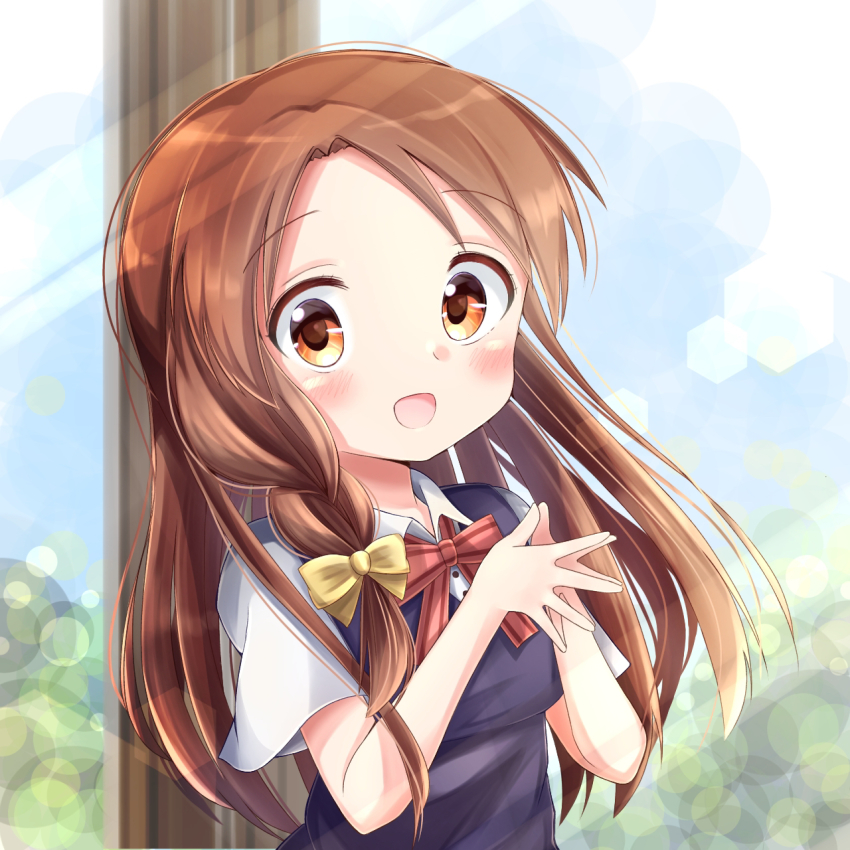 1girl :d blouse blue_eyes braid brown_hair collared_shirt hair_ornament highres kin-iro_mosaic long_hair matsubara_honoka melon_kohashi open_mouth shirt smile solo white_shirt