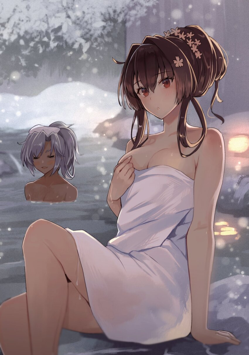 2girls bathing breasts brown_eyes brown_hair cleavage dark-skinned_female dark_skin flower grey_hair hair_flower hair_ornament hair_up highres kantai_collection kasumi_(skchkko) large_breasts long_hair looking_at_viewer multiple_girls musashi_(kancolle) naked_towel onsen outdoors partially_submerged sitting snowing towel towel_on_head wet yamato_(kancolle)