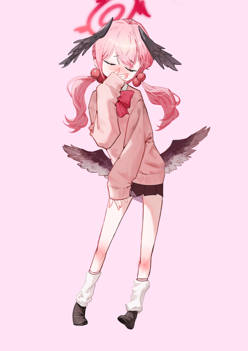 1girl absurdres alternate_costume black_skirt blue_archive blush bow bowtie cardigan closed_eyes closed_mouth collared_shirt covering_own_mouth embarrassed feathered_wings frown full_body furrowed_brow halo head_wings highres koharu_(blue_archive) kongaru_123 loafers loose_socks low_twintails low_wings medium_hair miniskirt multiple_wings pink_background pink_cardigan pink_eyes pink_hair pink_halo pleated_skirt school_uniform shirt shoes simple_background skirt sleeves_past_wrists socks solo standing twintails winged_halo wings zako_(vocaloid)