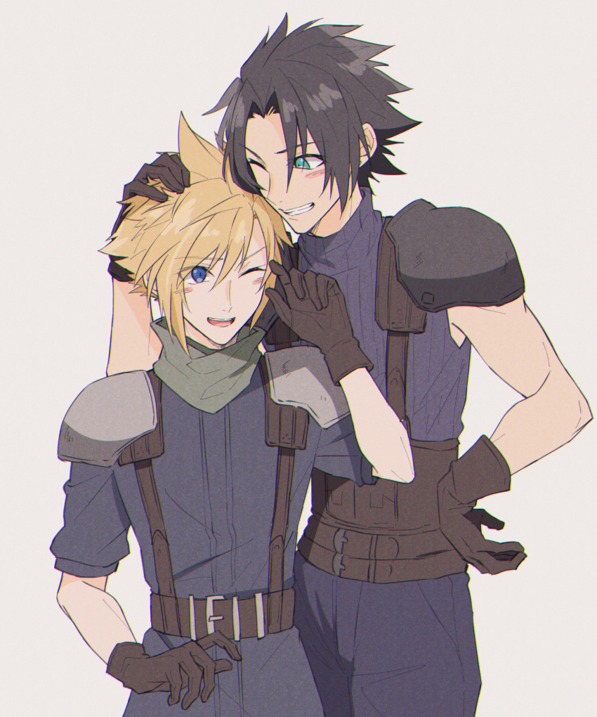 2boys absurdres armor belt belt_buckle black_gloves black_hair blonde_hair blue_eyes blue_jacket blue_sweater buckle cloud_strife commentary_request cowboy_shot crisis_core_final_fantasy_vii final_fantasy final_fantasy_vii gloves green_scarf grey_background grin hand_on_another&#039;s_head heads_together height_difference highres jacket looking_at_another male_focus mizuamememe multiple_belts multiple_boys one_eye_closed parted_bangs ribbed_sweater scarf short_hair shoulder_armor sleeveless sleeveless_turtleneck smile spiked_hair sweater turtleneck turtleneck_sweater zack_fair