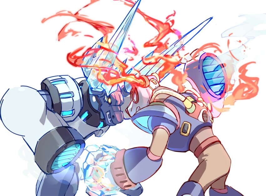 2boys battle blizzack_staggroff clenched_hand clenched_hands cowboy_shot deer fiery_horns flame_stag horns ice ice_horns in-franchise_crossover looking_at_another male_focus mega_man_(series) mega_man_x2 mega_man_x_(series) mega_man_zero_(series) mega_man_zero_3 multiple_boys non-humanoid_robot robot robot_animal simple_background u_wstr white_background yellow_eyes