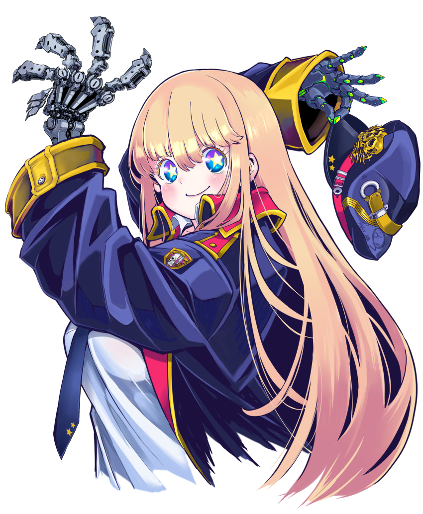 1girl absurdres black_jacket black_necktie blonde_hair blue_eyes blush collared_shirt goodbye_sengen_(vocaloid) hat highres holding holding_unworn_clothes holding_unworn_hat jacket long_hair looking_at_viewer mechanical_hands military_hat necktie original shirt smile solo star-shaped_pupils star_(symbol) symbol-shaped_pupils take_nii unworn_hat unworn_headwear upper_body vocaloid white_background white_shirt