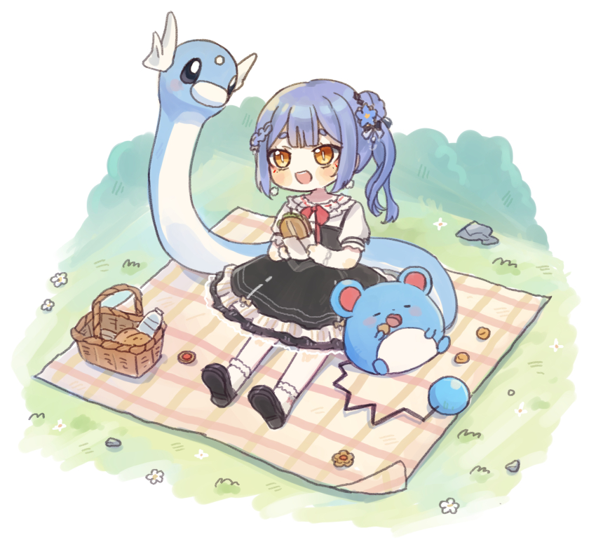 1girl 2others :d azusa_(vtuber) blue_hair bottle braid dratini dress flower food gen_1_pokemon gen_2_pokemon grass hair_flower hair_ornament highres marill multiple_others nijisanji nintendo on_blanket onayano open_mouth picnic picnic_basket picnic_blanket pinafore_dress pokemon pokemon_(creature) sandwich sitting sleeveless sleeveless_dress smile socks virtual_youtuber virtuareal virtuareal_link water_bottle yellow_eyes