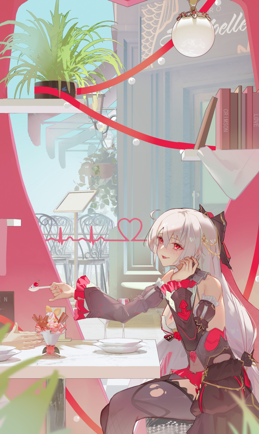 1girl 1other absurdres bare_shoulders black_bow black_collar black_dress black_sleeves black_thighhighs blush book bookshelf bow breasts cafe captain_(honkai_impact) cherry chinese_commentary cleavage collar comet-c commentary_request cup detached_sleeves dress drinking_glass ear_blush feeding feet_out_of_frame food fruit hair_between_eyes hair_bow hand_on_own_head highres holding holding_spoon honkai_(series) honkai_impact_3rd ice_cream indoors large_breasts layered_dress layered_sleeves light_blush long_hair looking_at_another low-tied_long_hair nail_polish open_mouth own_hands_together plant plate potted_plant red_eyes red_nails red_skirt red_trim sidelocks sitting skirt spoon sundae theresa_apocalypse theresa_apocalypse_(luna_kindred) theresa_apocalypse_(lunar_vow:_crimson_love) thighhighs thighs torn_clothes torn_thighhighs very_long_hair white_hair white_trim wine_glass