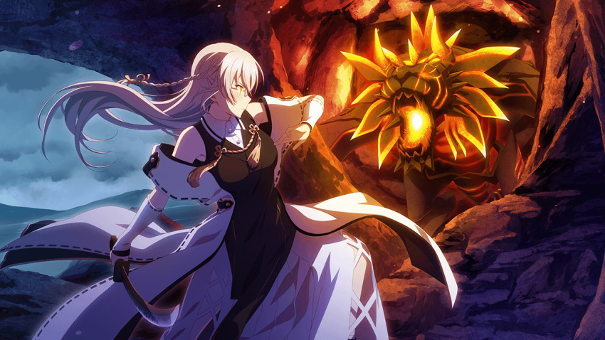 1girl aratama_(toji_no_miko) black_dress braid breasts closed_mouth collared_dress detached_sleeves dress floating_hair game_cg glasses glowing grey_hair half_up_braid holding holding_sword holding_weapon katana kitora_mirja long_hair medium_breasts multicolored_dress non-web_source official_alternate_costume official_art orange_eyes outdoors sidelocks solo standing sword toji_no_miko toji_no_miko:_kizamishi_issen_no_tomoshibi weapon white_dress white_sleeves