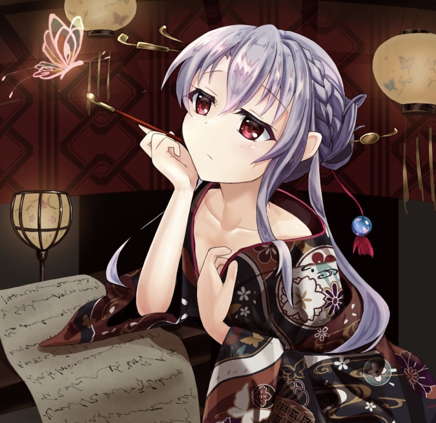 1girl alternate_costume animal_print blue_hair blush braid bug butterfly butterfly_print cherry_blossom_print closed_mouth collarbone commentary_request crown_braid expressionless floral_print floral_print_kimono hair_between_eyes hair_bun hair_ornament hair_ribbon hair_stick hand_up holding holding_smoking_pipe indoors insect japanese_clothes kar0karokar0 kimono lantern long_hair long_sleeves looking_at_animal oiran paper paper_lantern pink_butterfly print_kimono red_eyes red_ribbon ribbon sidelocks single_hair_bun smoking_pipe solo sorakado_ao summer_pockets upper_body wide_sleeves