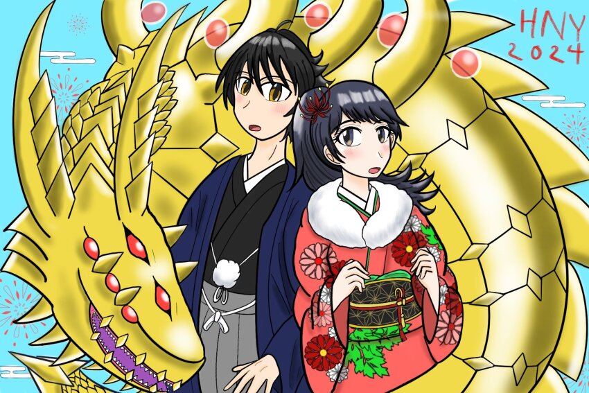 1boy 1girl blush couple digimon dragon highres huanglongmon japanese_clothes kimono momotsuka_takuma open_mouth red_eyes shibuya_aoi