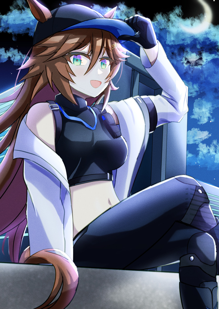 1girl :d absurdres animal_ears baseball_cap black_hat black_pants black_shirt blue_archive breasts brown_hair commentary_request cosplay crop_top crossed_legs ears_through_headwear feet_out_of_frame green_eyes hair_between_eyes hat highres horse_ears jacket large_breasts leggings long_hair long_sleeves looking_at_viewer midriff mr._c.b._(umamusume) nagonago10 navel night night_sky open_clothes open_jacket open_mouth outdoors pants saori_(blue_archive) saori_(blue_archive)_(cosplay) shirt sitting sky sleeveless sleeveless_shirt smile solo stomach umamusume very_long_hair white_jacket