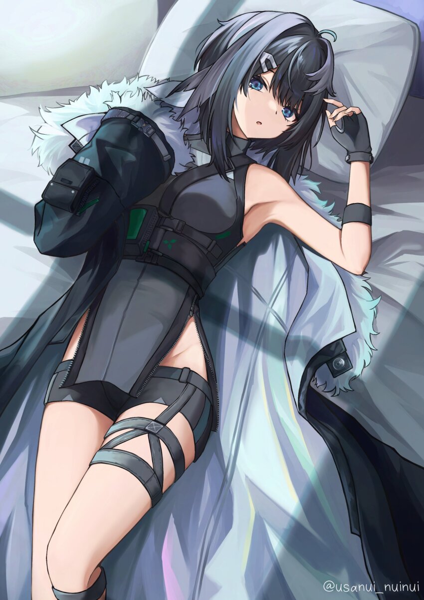 1girl absurdres ahoge arknights arm_up armpits bare_shoulders black_coat black_gloves black_hair black_shorts blue_eyes coat commentary feet_out_of_frame fingerless_gloves fur-trimmed_sleeves fur_trim gloves grey_coat groin hair_intakes hair_ornament hairclip head_on_pillow highres indoors la_pluma_(arknights) lying on_back parted_lips pillow short_hair short_shorts shorts sleeveless sleeves_past_fingers sleeves_past_wrists solo twitter_username two-sided_coat two-sided_fabric usanui_nuinui watermark