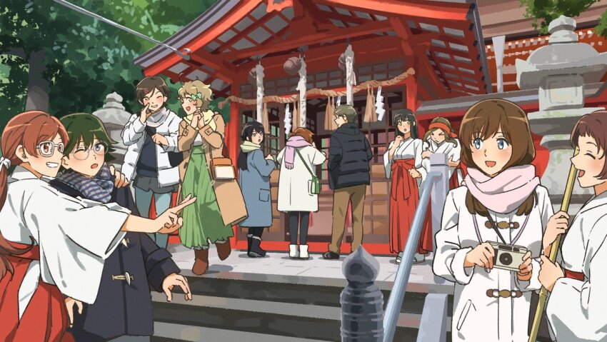 1boy 6+girls bandana black_hair broom brown_hair camera coat commentary duffel_coat fuyuhino glasses hair_ornament hairclip hand_on_another&#039;s_shoulder hariya_kaho hatsumoude hibike!_euphonium holding holding_broom holding_camera japanese_clothes kamaya_suzume kamaya_tsubame kamiishi_yayoi katou_hazuki kawashima_sapphire kousaka_reina kuroe_mayu long_hair medium_hair miko multiple_girls new_year oumae_kumiko outdoors red_bandana rope shide shimenawa short_hair shrine smile stone_lantern tsukamoto_shuuichi