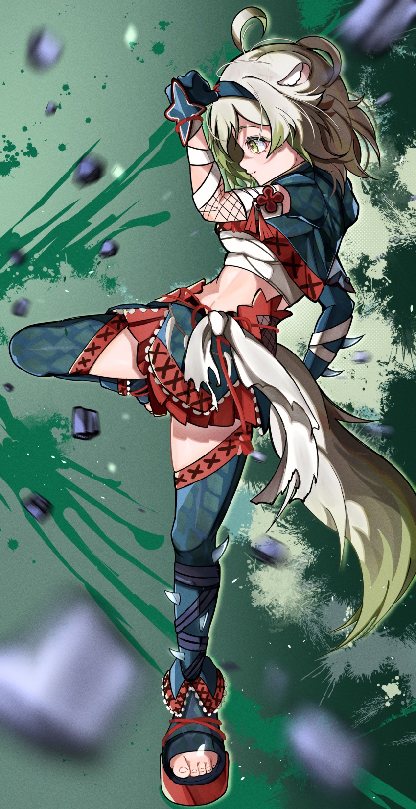 absurdres ahoge animal_ears armor bandaged_arm bandaged_chest bandages bob_cut ferret_ears ferret_girl ferret_tail fishnet_sleeves fishnets gradient_hair gradient_tail green_hair green_tail gummy_candy_93 hairband highres hood hood_down indie_virtual_youtuber laimu_(vtuber) laimu_(vtuber)_(huntress) monster_hunter_(character) monster_hunter_(series) multicolored_hair multicolored_tail rock scale_armor short_hair simple_background skirt splatter tail thighhighs toes tunic two-tone_hair two-tone_tail virtual_youtuber white_hair white_tail zettai_ryouiki
