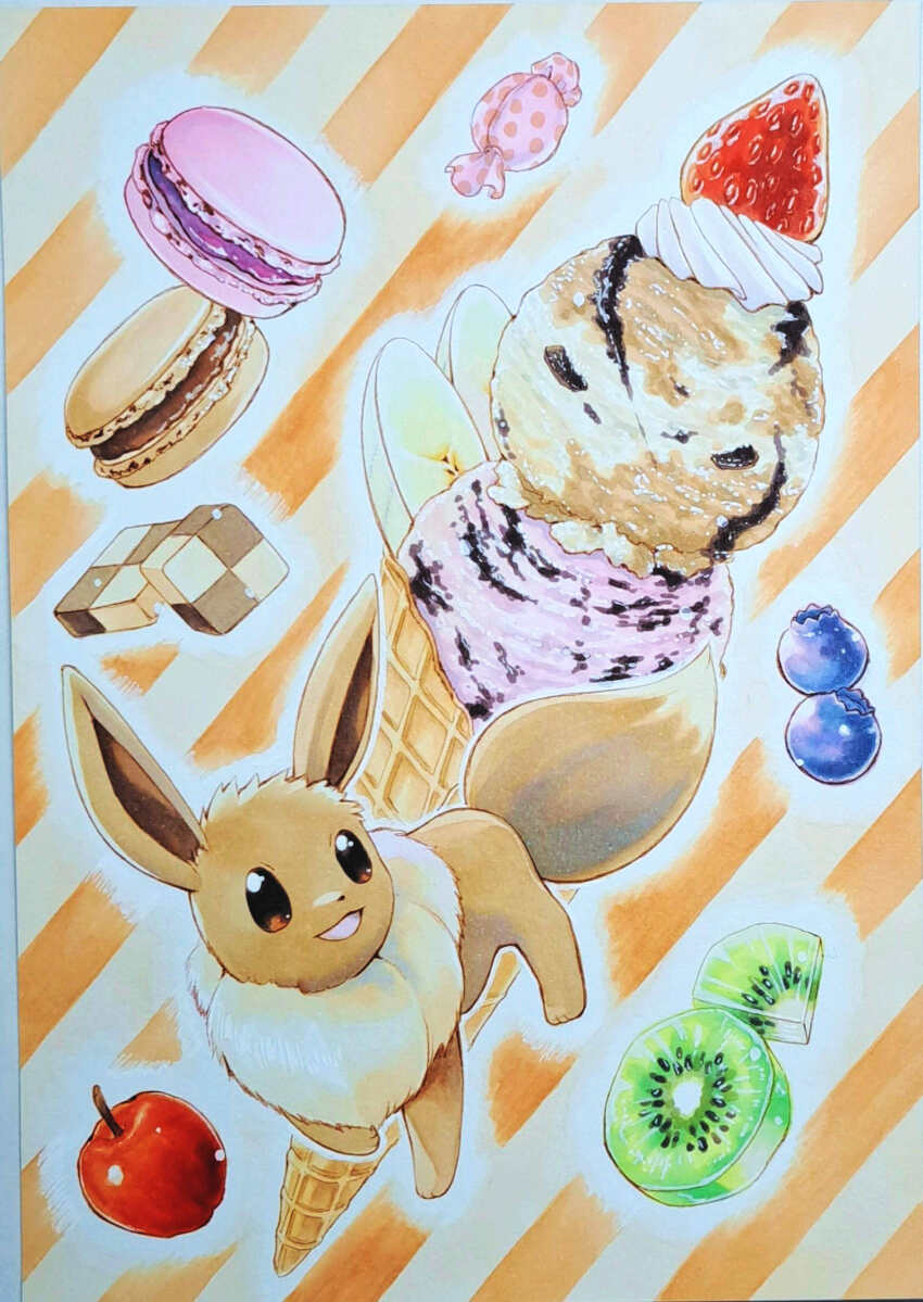 animal_focus apple banana banana_slice blueberry brown_eyes candy commentary_request creatures_(company) dessert eevee fluffy food food_focus fruit game_freak gen_1_pokemon highres ice_cream ice_cream_cone kiwi_(fruit) kiwi_slice macaron marker_(medium) nintendo no_humans photo_(medium) pokemon pokemon_(creature) solo strawberry sweets traditional_media whipped_cream yuka_(yukaaaaaaa0705)