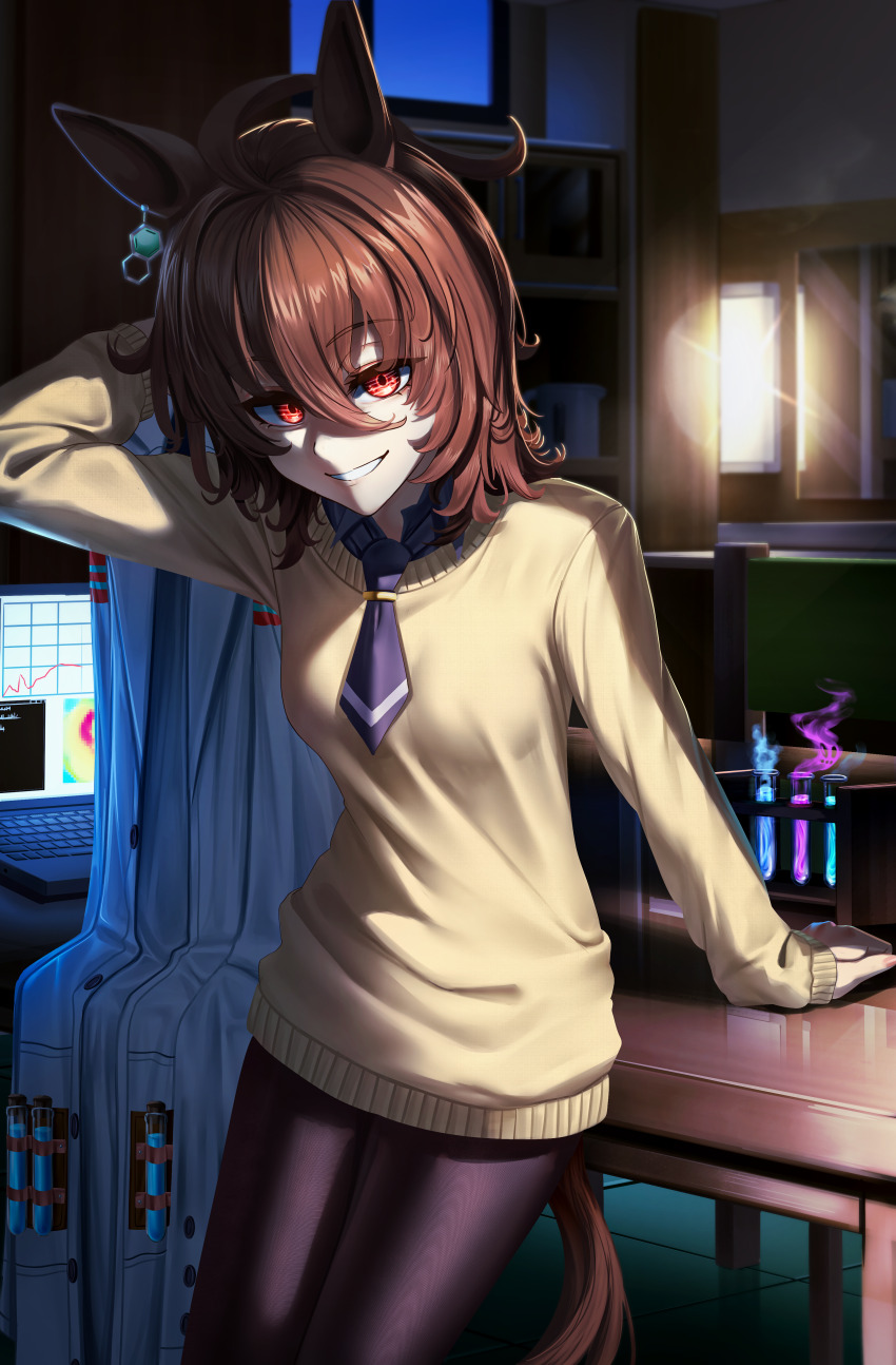 1girl absurdres against_table agnes_tachyon_(umamusume) ahoge animal_ears bandolier belt black_necktie black_pantyhose black_shirt brown_hair chemical_structure coat collared_shirt commentary corked_bottle earrings grin highres holding holding_unworn_clothes horse_ears horse_girl horse_tail indoors jewelry lab_coat long_sleeves manjo_(warito) messy_hair monitor necktie open_clothes open_coat pantyhose red_eyes shirt short_hair short_necktie single_earring smile solo sweater symbol-only_commentary table tail test_tube test_tube_rack umamusume unworn_coat white_coat wooden_table yellow_sweater
