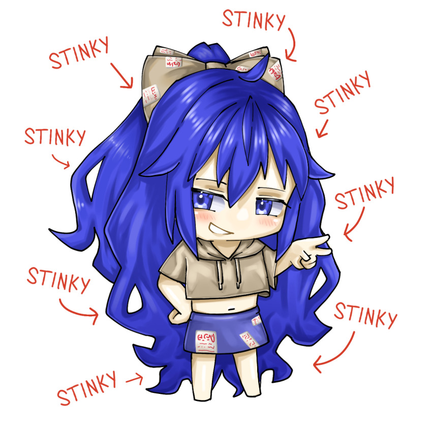 1girl antinomy_of_common_flowers blue_eyes blue_hair bow debt english_text grey_hoodie hair_bow highres hood hoodie ioriorigami long_hair looking_at_viewer non-web_source self-upload smile solo touhou yorigami_shion