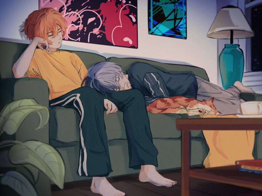 2boys animal aoyagi_touya arm_support arm_up barefoot between_legs black_pants blanket blue_hair closed_eyes couch covering_own_mouth cup desk_lamp dvd_case grey_pants hair_between_eyes half-closed_eyes hand_between_legs hand_on_own_face hand_to_own_mouth highres indoors lamp lap_pillow long_sleeves looking_to_the_side lying male_focus multicolored_cat multicolored_hair multiple_boys night night_sky on_stomach orange_cat orange_fur orange_hair pants plant poster_(object) potted_plant project_sekai saucer shinonome_akito shirt sky sleeping sleepy star_(sky) striped_clothes striped_fur striped_pants striped_shirt sweatpants t-shirt table touyaluvrr two-tone_hair vertical-striped_clothes vertical-striped_pants vertical-striped_shirt window yellow_blanket yellow_eyes yellow_shirt