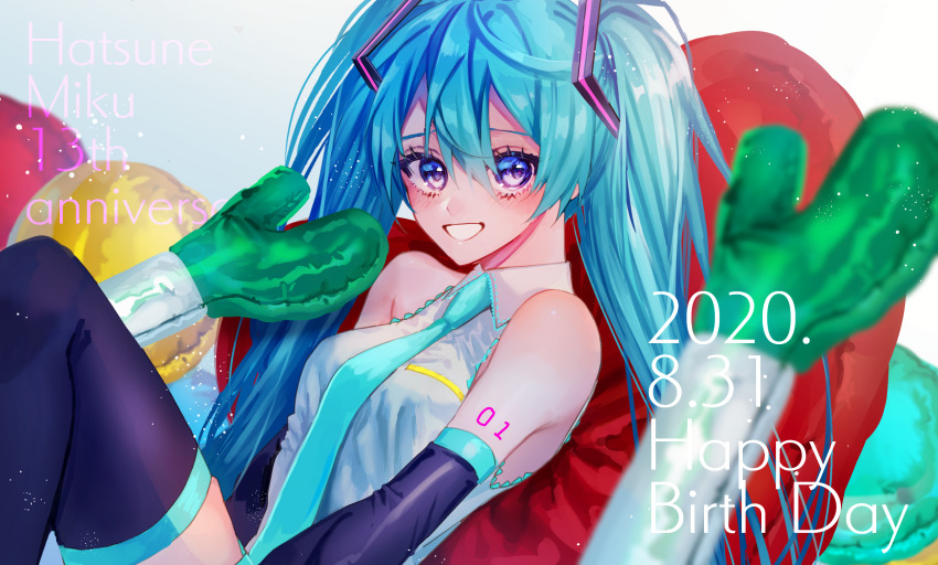1girl absurdly_long_hair anniversary aqua_eyes aqua_hair artist_name artist_request bare_shoulders black_legwear blue_eyes blue_hair blue_neckwear breasts collared_shirt female_focus hatsune_miku highres ievan_polkka_(vocaloid) knees_up loga_(log_mog) long_hair looking_at_viewer medium_breasts number_tattoo shirt short_sleeves shoulder_tattoo solo spring_onion tattoo twintails very_long_hair vocaloid white_shirt
