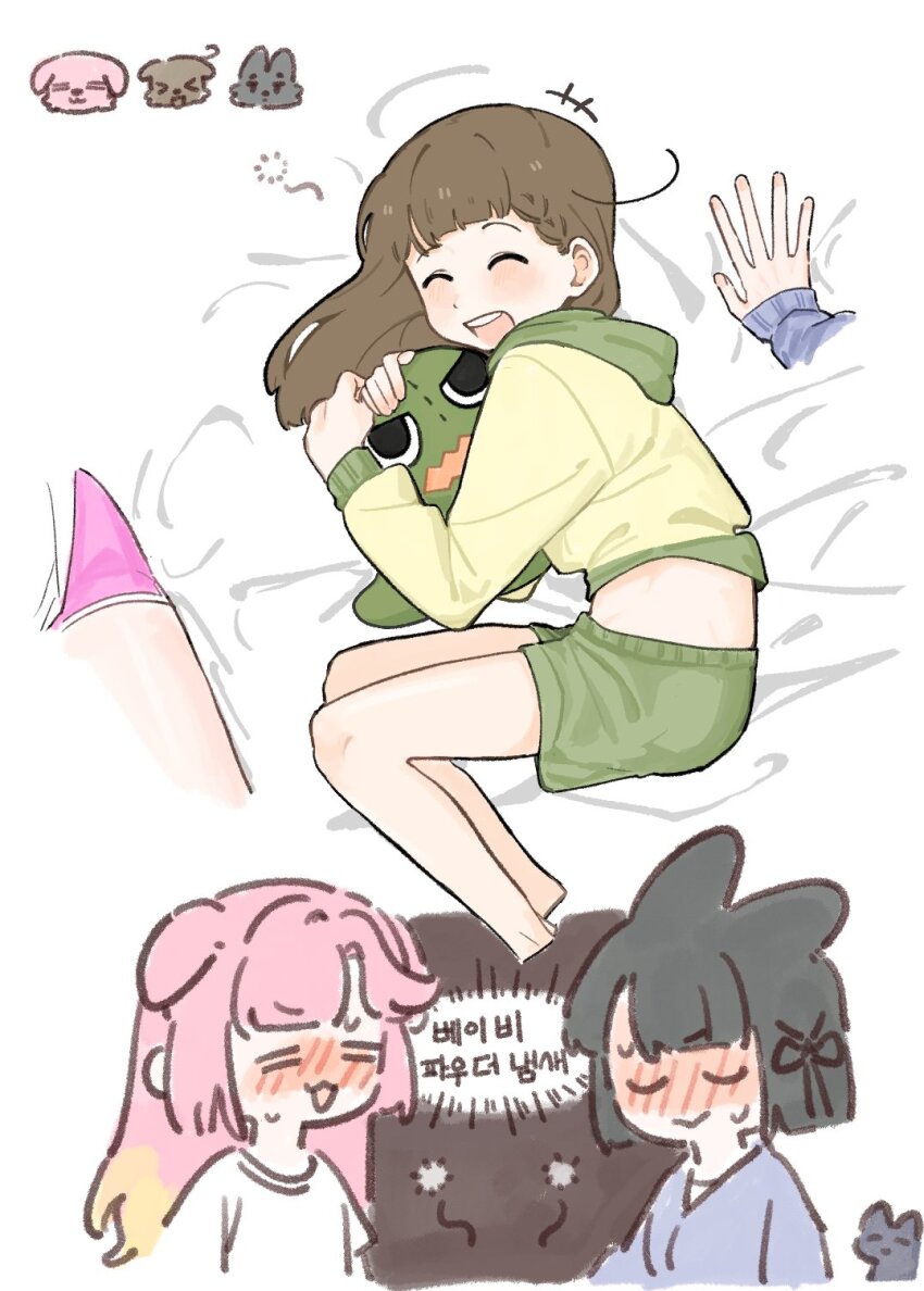 &gt;_&lt; +++ 3girls :&gt; :3 :d =_= ^_^ animal_ears anyoji_hime anyoji_hime_(summer_loungewear) basil_(wgh0anzdple3asf) black_hair blonde_hair blue_cardigan blush brown_hair cardigan center-flap_bangs closed_eyes closed_mouth colored_tips commentary_request dog dog_ears flower_knot fox fox_ears gonzales_(love_live!) green_shorts highres hood hoodie kachimachi_kosuzu kachimachi_kosuzu_(summer_loungewear) kemonomimi_mode korean_commentary korean_text link!_like!_love_live! long_hair long_sleeves loungewear love_live! lying midriff_peek momose_ginko momose_ginko_(summer_loungewear) multicolored_hair multiple_girls multiple_views nervous_sweating nose_blush official_alternate_costume on_bed on_side open_mouth pink_hair pink_shorts shirt short_hair short_shorts short_sleeves shorts side_ahoge sleeves_past_wrists smile squeans stuffed_dinosaur sweat translation_request u_u v-shaped_eyebrows virtual_youtuber white_shirt xd yellow_hoodie