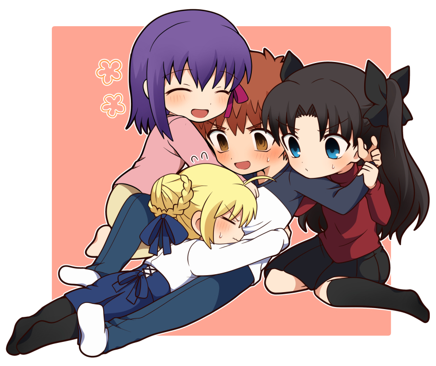 1boy 3girls absurdres ahoge artoria_pendragon_(fate) black_hair black_legwear black_skirt blonde_hair blue_eyes blush braid chibi dress emiya_shirou fate/stay_night fate_(series) french_braid green_eyes hair_ribbon hair_through_headwear harem highres long_hair long_sleeves matou_sakura multiple_girls orange_hair pantyhose pleated_skirt ponytail purple_hair raglan_sleeves red_ribbon ribbon saber_(fate) shirt short_hair siblings sisters skirt smile sweater thighhighs tohsaka_rin tsubuta_hiro two_side_up white_shirt yellow_eyes zettai_ryouiki