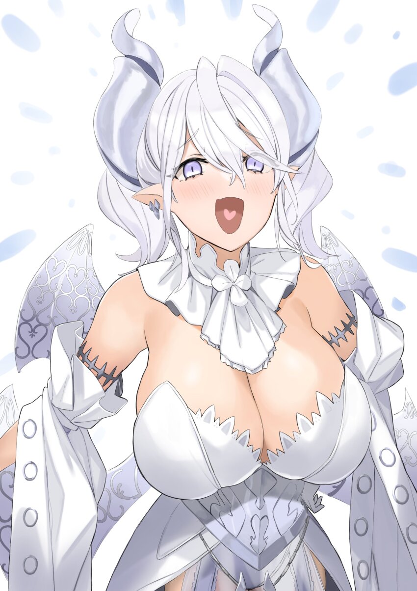 1girl :d absurdres blush breasts cleavage corset detached_sleeves duel_monster earrings ganesagi grey_eyes grey_hair hair_between_eyes heart heart_in_mouth highres horns jewelry large_breasts laughing looking_at_viewer lovely_labrynth_of_the_silver_castle medium_hair open_mouth pointy_ears smile solo twintails upper_body wings yu-gi-oh!