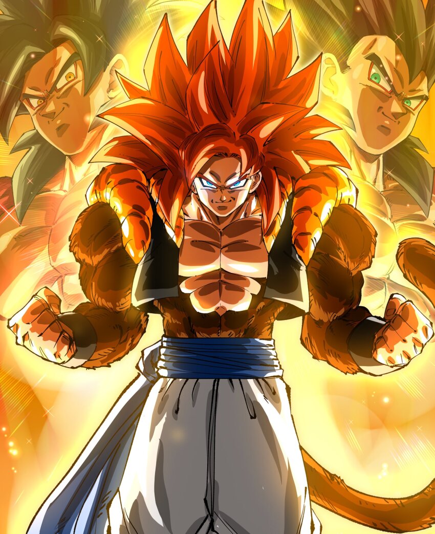 3boys black_hair black_vest blue_eyes blue_sash body_fur brown_fur clenched_hands cropped_vest dragon_ball dragon_ball_gt glowing glowing_eyes gogeta highres long_hair male_focus metamoran_vest monkey_tail multiple_boys muscular open_clothes open_vest pants red_hair rz28kp sash smile solo_focus son_goku spiked_hair super_saiyan super_saiyan_4 tail vegeta vest white_pants yellow_eyes