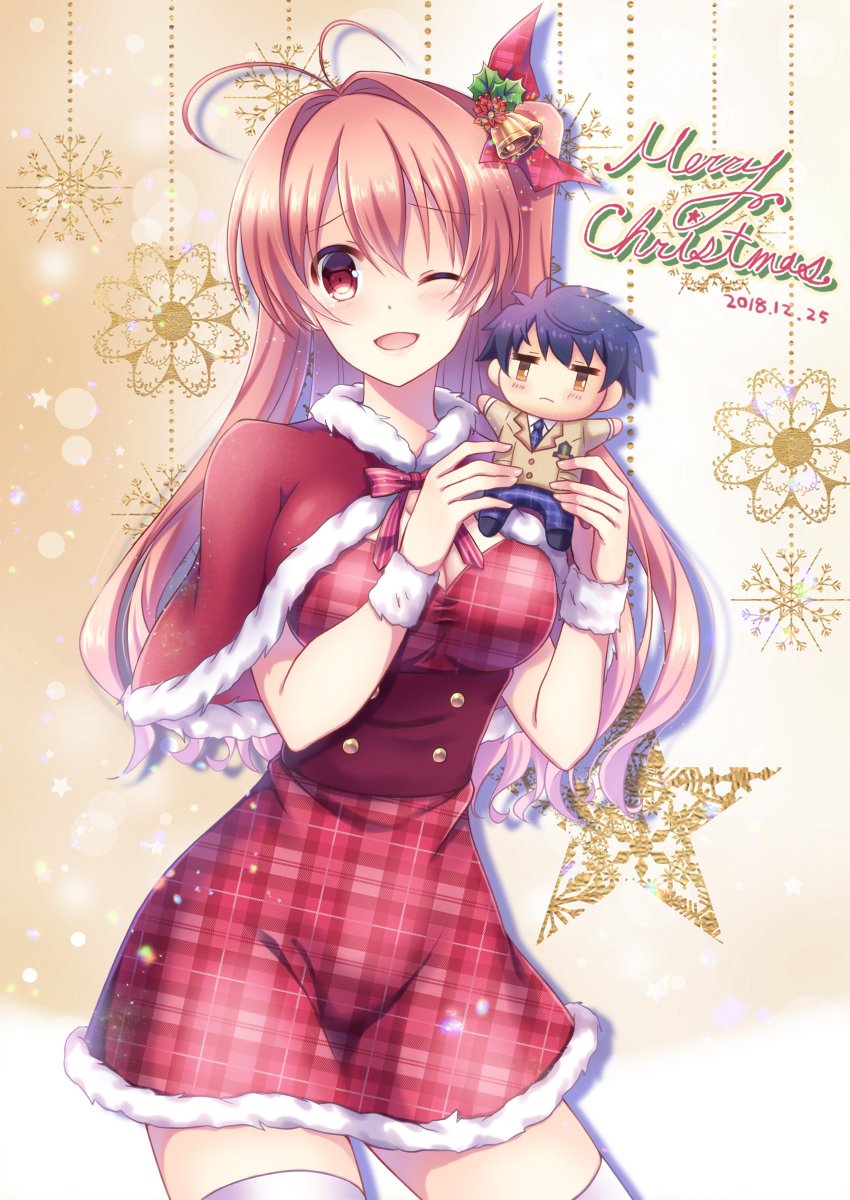1girl 2018 ;d absurdres antenna_hair bow breasts capelet chaos;head character_doll cleavage cowboy_shot dated dress female_focus fur-trimmed_capelet fur-trimmed_dress fur_trim hair_between_eyes hair_bow highres long_hair medium_breasts merry_christmas neck_ribbon nishijou_myu nishijou_takumi one_eye_closed open_mouth pink_hair red_bow red_capelet red_dress red_eyes red_ribbon ribbon sakihata_rimi short_dress side_ponytail smile solo standing striped_ribbon thighhighs very_long_hair white_thighhighs