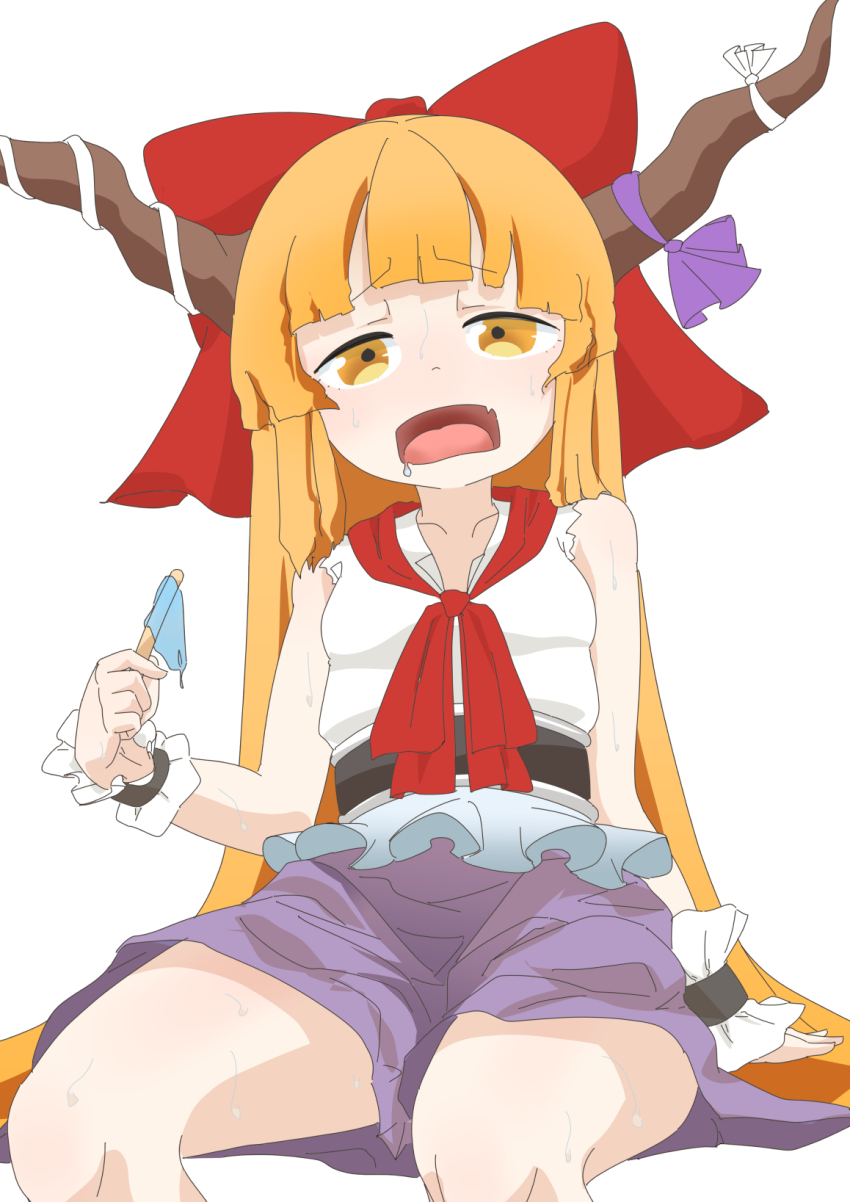 1girl bow bowtie breasts brown_horns commentary_request fang feet_out_of_frame food hair_bow highres holding holding_food holding_popsicle horn_bow horn_ornament horns hot ibuki_suika kurohiba long_hair looking_at_viewer melting_popsicle open_mouth orange_hair popsicle purple_bow purple_skirt red_bow red_bowtie shirt sidelocks simple_background sitting skin_fang skirt sleeveless sleeveless_shirt small_breasts solo sweat touhou very_long_hair white_background white_shirt yellow_eyes